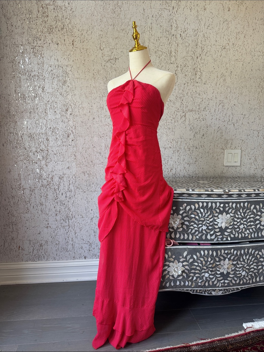 Etophe Studios Red Ruffle Maxi Dress with Mini Polka Dots
